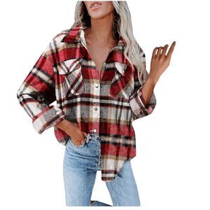 Unisex plaid Shirt long Sleeve Jacket Button down holiday cozy